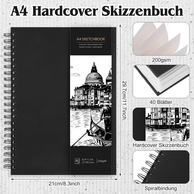 Detalle de A4 Skizzenbuch mit 250 g/m² Zeichenpapier, 40 Blatt (80 Seiten) und Spiralbindung