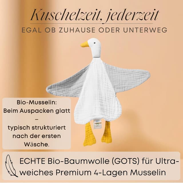 Detalle de Mababu Schmusetuch Baby Musselin – Ente aus Bio-Baumwolle (4-lagig), Oeko-TEX®, waschbar – Schnuffeltuch zur Geburt