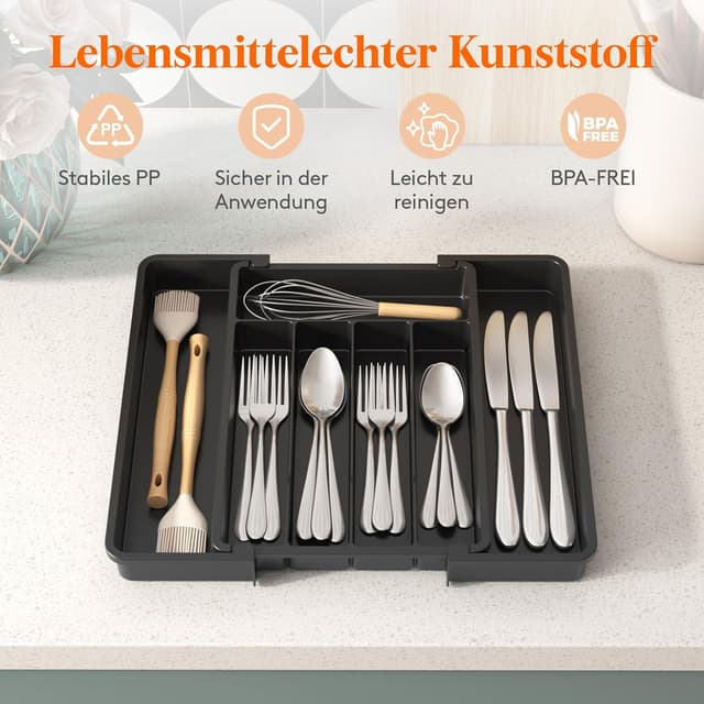 Detalle 2 de Lifewit Besteckkasten für Schublade – verstellbarer Besteckhalter aus PP, Breite flexibel von 22,7 bis 37,4 cm