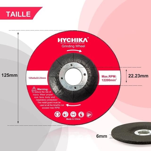 Detalle de HYCHIKA disques à ébarber métal 125 mm (x10) pour meuleuse d’angle – oxyde d’aluminium et fibre de verre