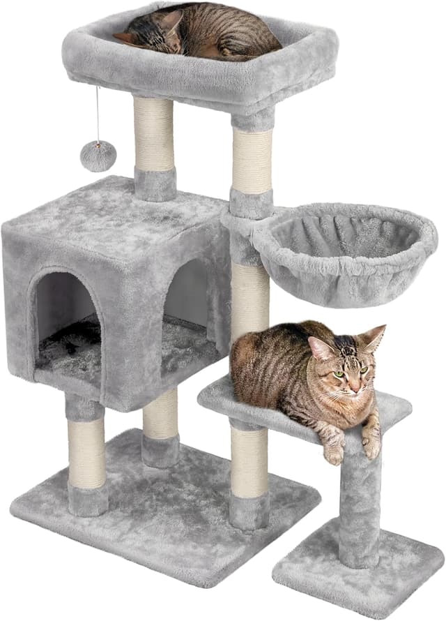 Detalle de Yaheetech albero tiragraffi per gatti con corda in sisal e palla, 80 x 39,5 x 96 cm (grigio chiaro)