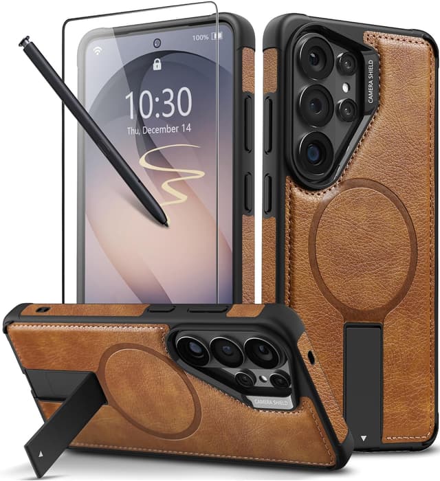 Detalle de VAUSERDY Strong Magnetic Leather Case for Samsung Galaxy S26 Ultra (MagSafe, Kickstand, Shockproof) – Brown