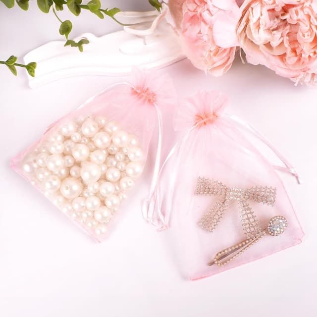 Detalle 2 de G2PLUS Baby Pink Organza Gift Pouches (13x18 cm) – 50 Pack Clear Mesh Wedding Favour Bags