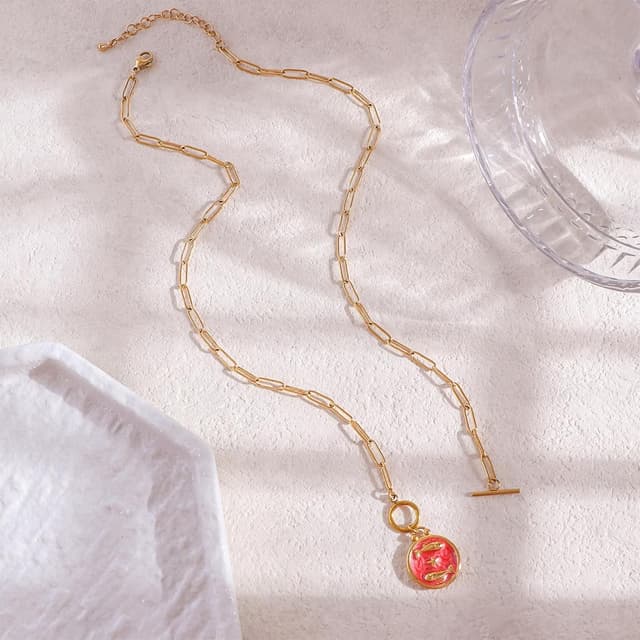 Detalle de TaYolnFaSo Halskette mit Knebelanhänger für Damen, 18K vergoldete rote Emaille – Motiv Fische (12 Sternbilder)