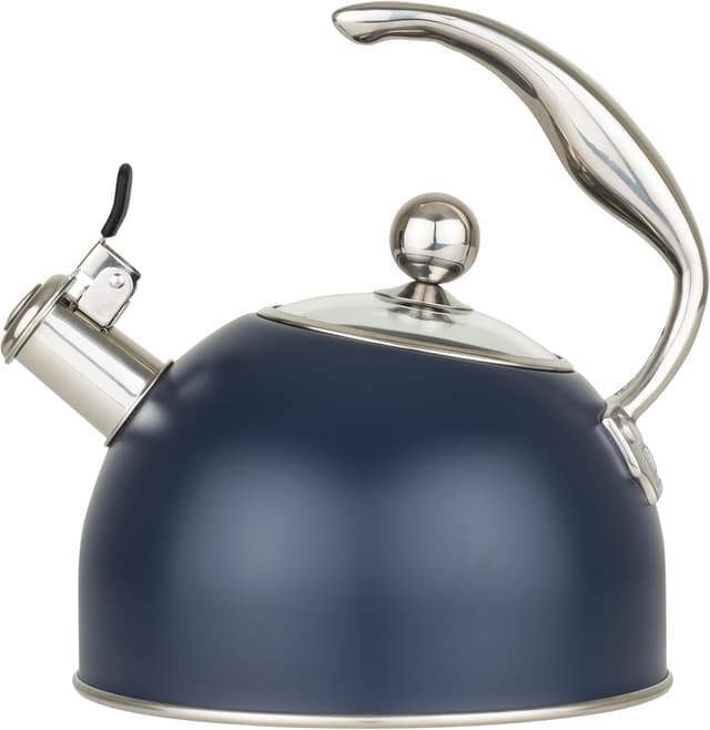 Detalle de Viking 3-Ply Stainless Steel Tea Kettle (2.6 Quart) with Tempered Glass Lid, Induction Ready — Slate and Blue