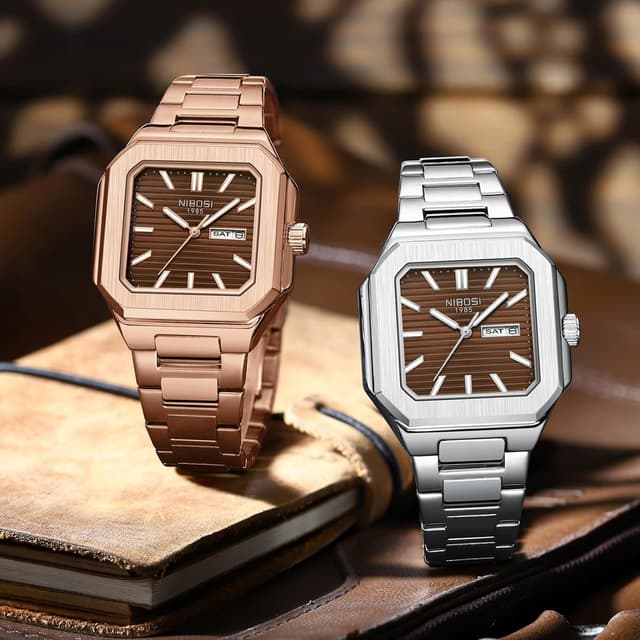 Detalle 2 de NIBOSI Orologio da polso da uomo analogico al quarzo in acciaio inox quadrato impermeabile 3 ATM stile business