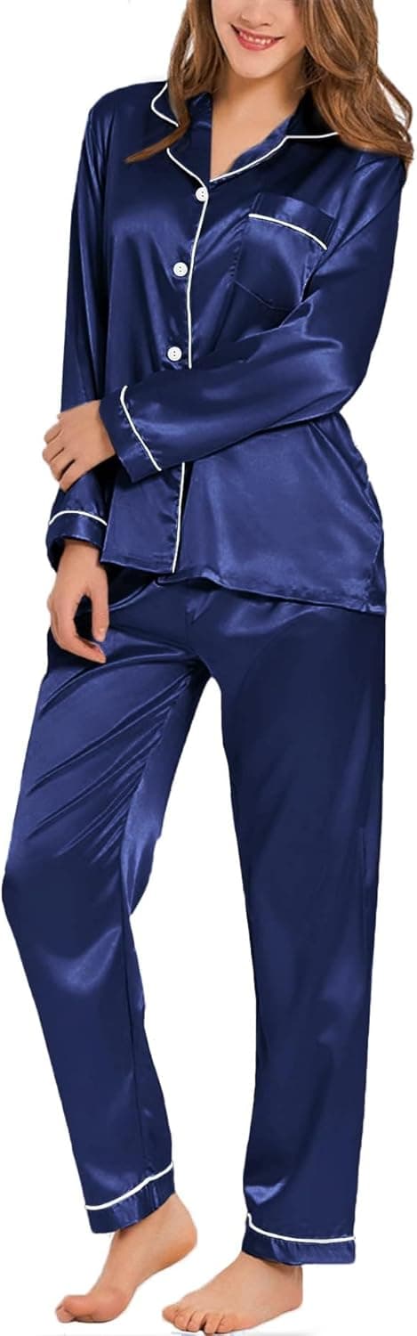 Detalle de SWOMOG Satin Damen-Schlafanzug mit Knopfleiste, Langarm-2-teiliges Pyjama-Set