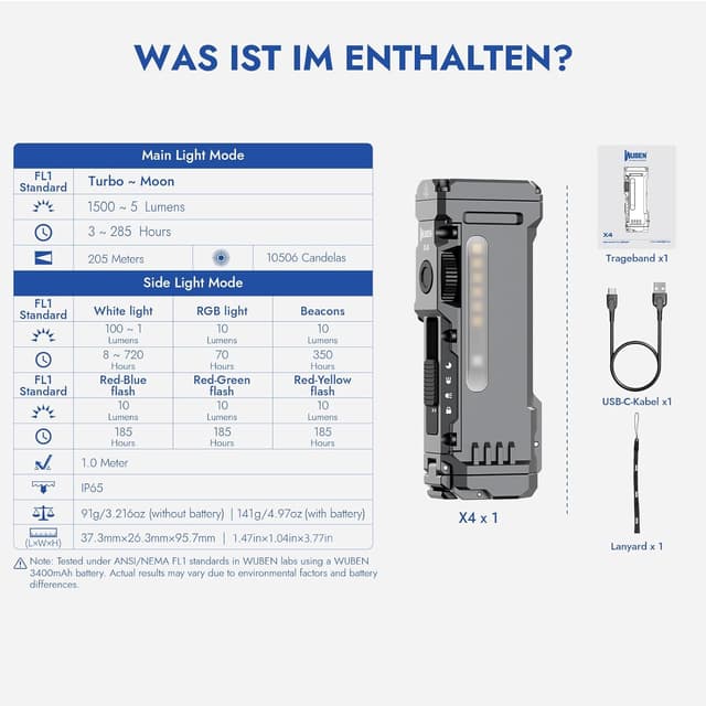 Thumbnail 6 de WUBEN X4 Mini LED Taschenlampe mit RGB-Licht, 1.500 Lumen & IP65 (EDC, USB‑C, aufladbar)