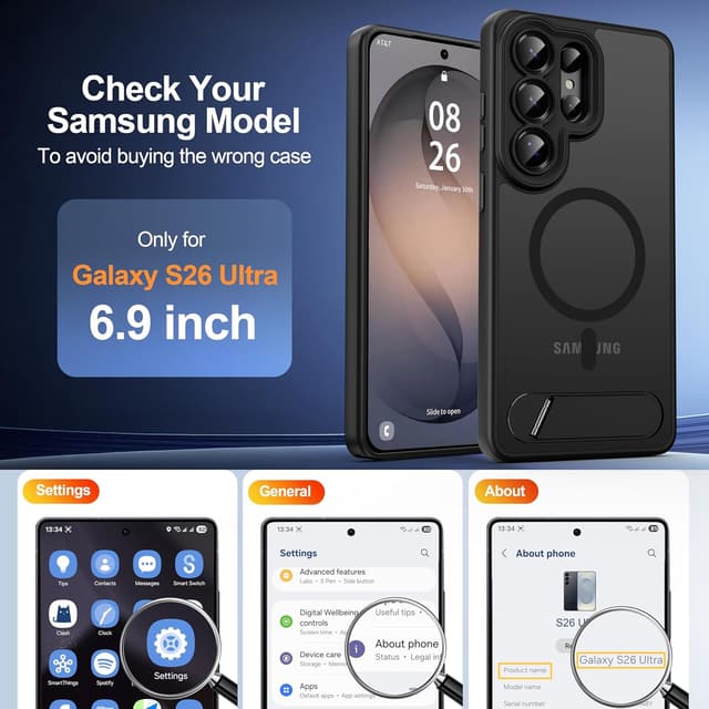 Detalle 2 de AMILIFECASES Magnetic Case for Samsung Galaxy S26 Ultra (MagSafe, Full Camera Protection, Invisible Kickstand) - Translucent Matte Black