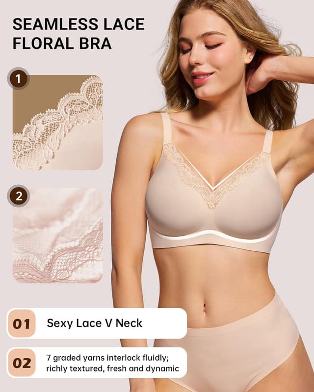 Detalle 2 de HORISUN Wireless No Underwire Bra for Women (V-Neck Lace Trim Jelly Support) – Convertible U-Back & Racerback
