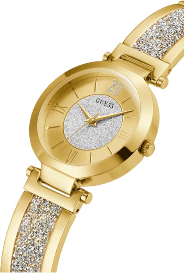 Detalle 2 de GUESS Damen Armbanduhr Aurora – goldfarbenes Edelstahlband, Quarz, Mineralglas, 36,5 mm