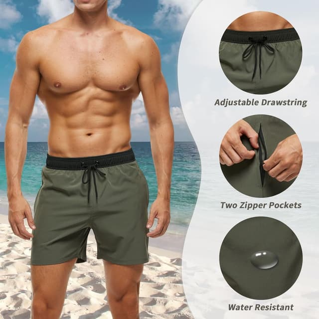 Detalle 2 de Shorts de bain homme avec poches zippées et séchage rapide – maillot de bain homme à doublure maille et cordon réglable