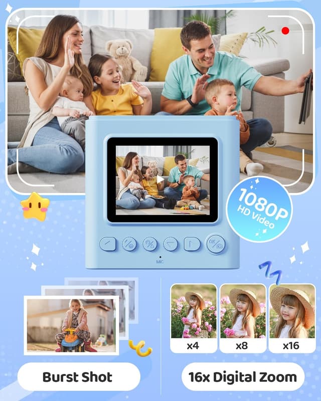 Detalle de TIATUA Kids Instant Print Camera (Blue) — 1080P HD Video, 32GB Card, Print Paper & Fun Accessories