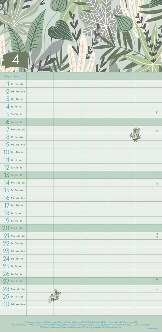 Detalle de GreenLine Green Vibes 2025 Familienplaner (22x45 cm) mit Spiralbindung – Familienkalender in 5 Spalten