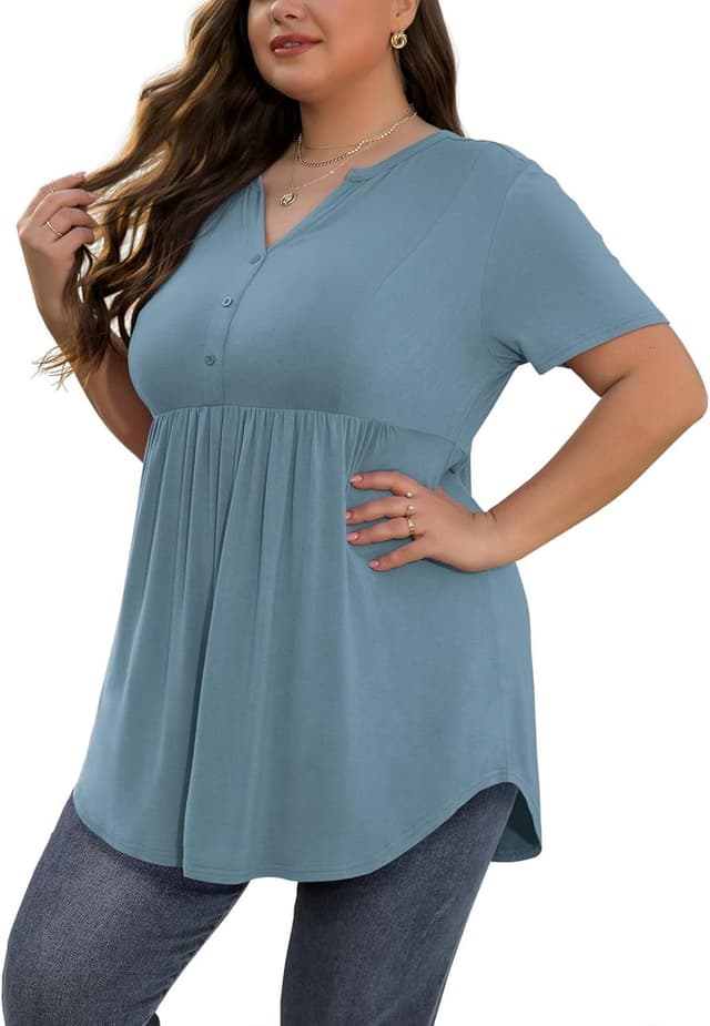 Thumbnail 6 de SHIJIALI Women’s Plus Size Henley V-Neck Button Tunic Top (Short Sleeve, Pleated Swing Fit)