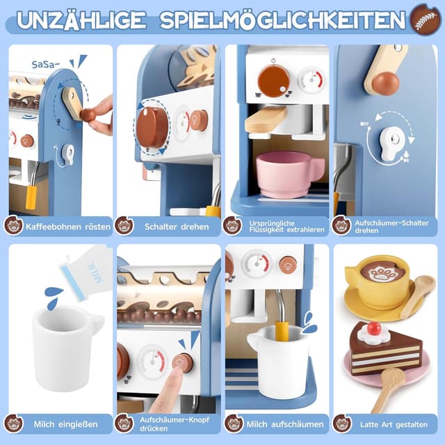 Detalle de GAGAKU Kinder-Kaffeemaschine aus Holz mit Sound und Zubehör (15-teilig) – Spielküche für Barista-Rollenspiel ab 3 Jahre, blau