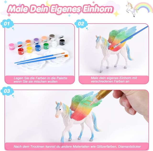 Detalle de Lekebaby Einhorn Malset für Mädchen (4–8 Jahre) mit 12 Einhörnern, 4 Pinseln und Glitter-Gelen