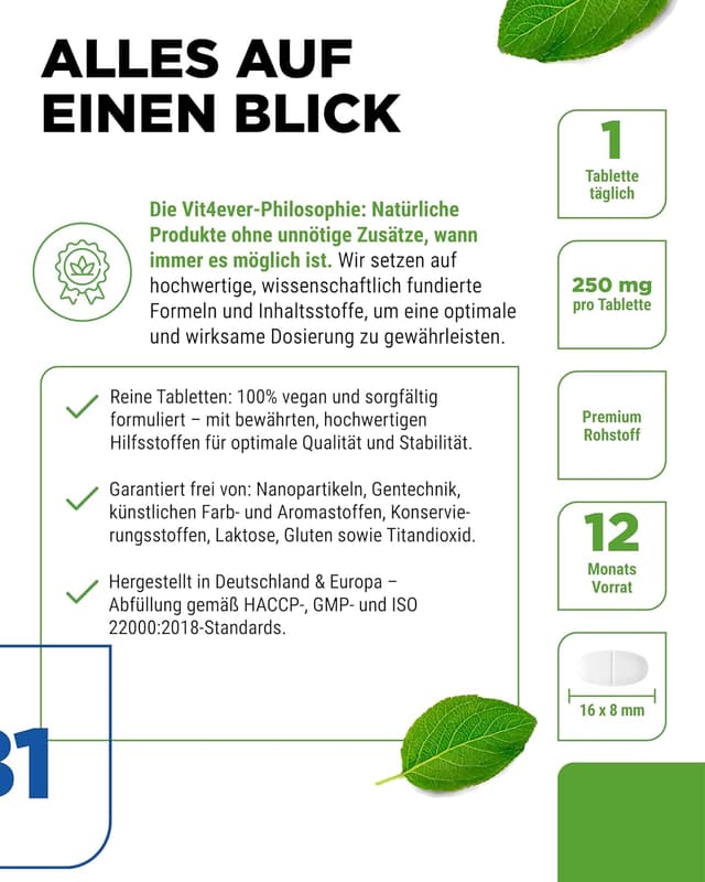 Detalle de vit4ever Vitamin B1 (Thiamin) 250 mg – 365 Tabletten für 12 Monate (vegan)