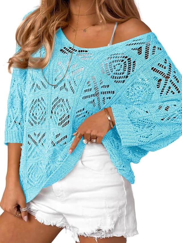 Detalle de Saodimallsu Women’s Crochet Cover Up Top (Off-Shoulder, 3/4 Sleeve) Mesh Boho Swimsuit Cover-Up