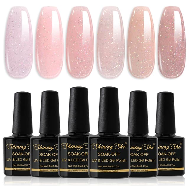 Detalle de Shining She UV-Glitzer-Jelly-Nagellack (6 Farben) – holografischer Schimmer in Nude-Rosa, Soak-off Gel, 8 ml