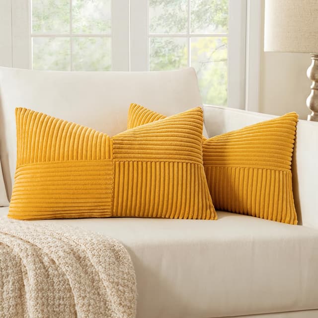 Detalle de MIULEE 2er Set Herbst Kissenbezug 30x50 cm in Gelb (Kord) – Patchwork-Design