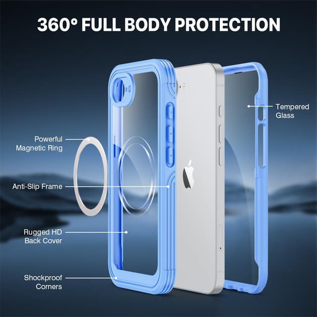 Detalle de CENHUFO Compatible iPhone 16e Case with Built-in 9H Glass Screen Protector and MagSafe Ring (Blue)