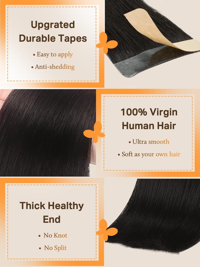 Detalle de DOORES Human Hair Extensions (Jet Black) — 20 inch, 50g, 20pcs Tape-In Skin Weft