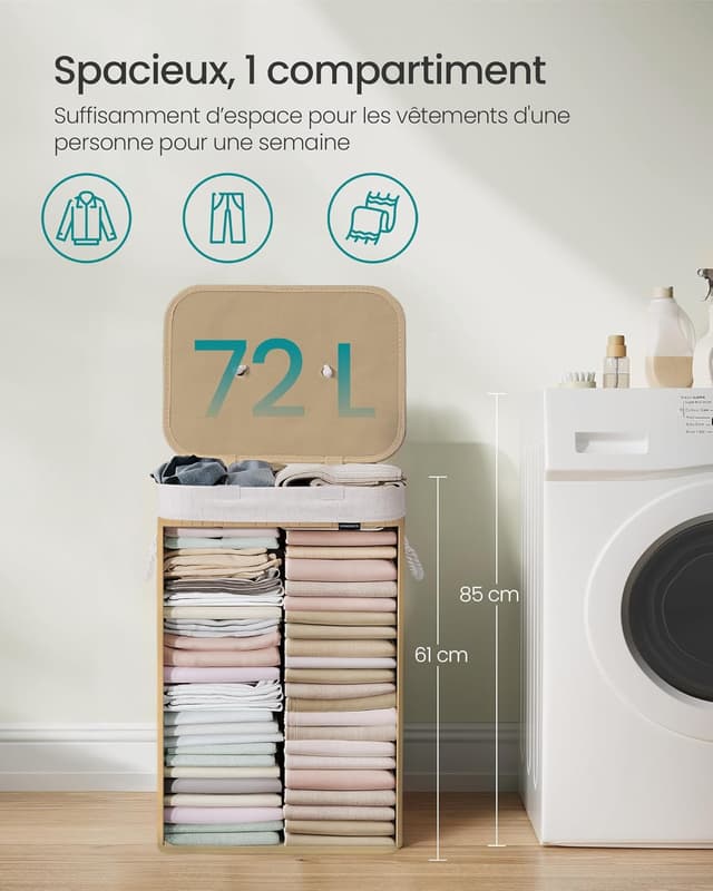Detalle de SONGMICS LCB10Y – Panier à linge en bambou avec couvercle 72 L, pliable et sac amovible lavable