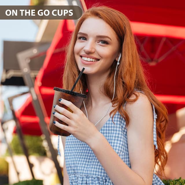 Detalle de tchrules 100 Set 16oz Plastic Cups with Lids and Straws (Black Clear Iced Coffee Cups)