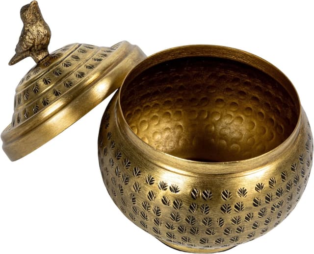 Thumbnail 6 de Round Hammered Metal Container Bird Finial Brass Finish 🏺