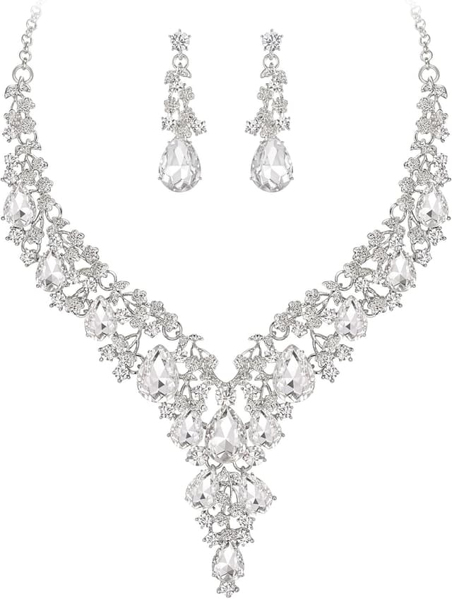 Detalle 2 de Clearine Hochzeit Schmuck-Set Tropfen Strass Cluster Halskette & Ohrhänger (Klar Silber-Ton)