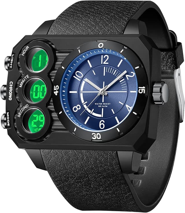 Detalle de findtime Herrenquadratische Digital-Analog-Uhr mit 3 Zeitzonen und LED-Beleuchtung