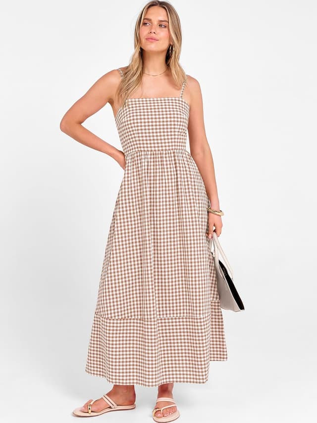 Detalle de Caracilia Women’s Gingham Spaghetti Strap Back Smocked Maxi Dress (Rayon) with Pockets