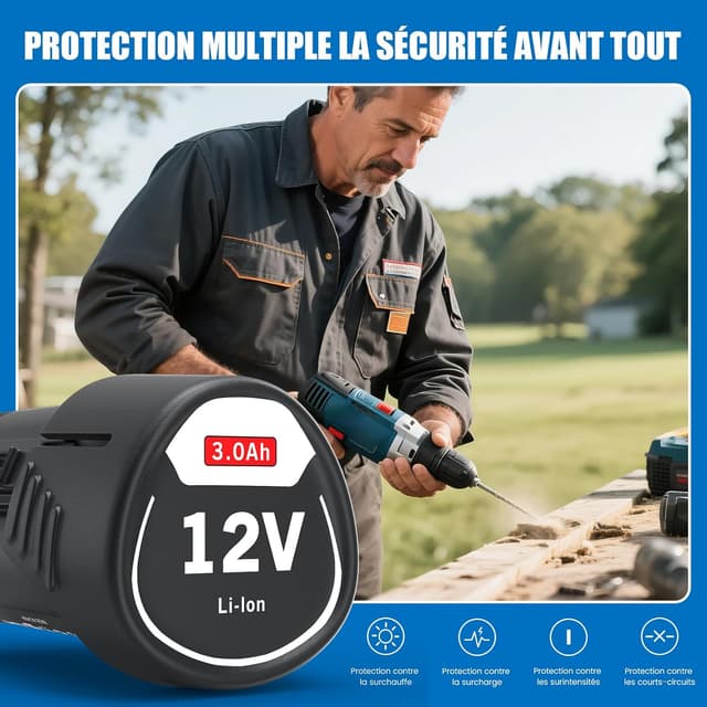 Detalle de Pack de 2 batteries de rechange HTongD 12 V 3,0 Ah Li-Ion pour outils Bosch (BAT420, BAT411…)