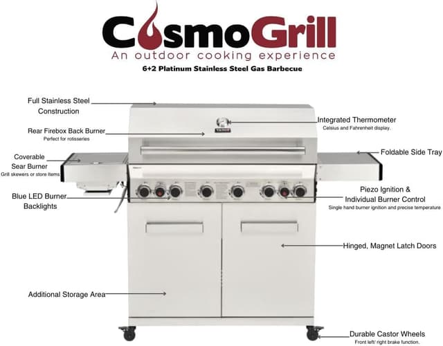 Detalle de CosmoGrill Platinum 8 Burner gas BBQ 27.7 kW