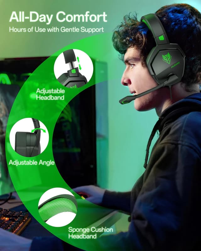 Detalle 2 de NUBWO N16 Gaming Headset mit Mikrofon und Geräuschunterdrückung (Grün) für PS5, Xbox One, Switch, PC & mehr