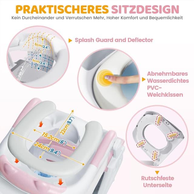 Detalle 2 de Orzbow Kinder-Toilettensitz mit Treppe: stabiler Aufsatz mit Spritzschutz (rosa)