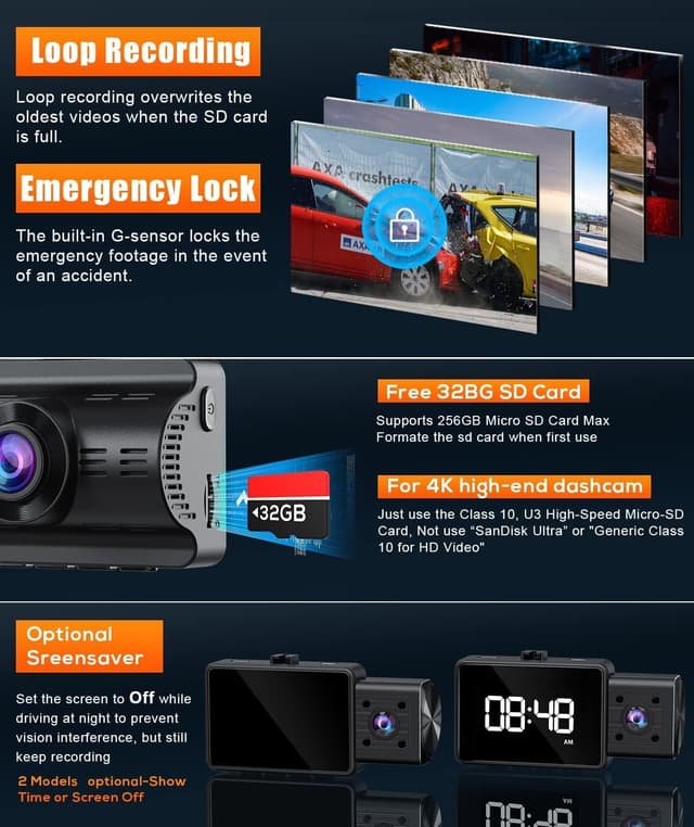 Detalle 2 de Moplasz 4K Dash Cam Front and Rear (Dual 4K+2K) with Wi‑Fi App, Night Vision and 32GB SD Card