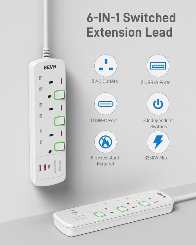 Detalle 2 de BEVA 3-way extension lead with 2 USB-A and 1 USB-C (1.5m cable) with individual switched sockets