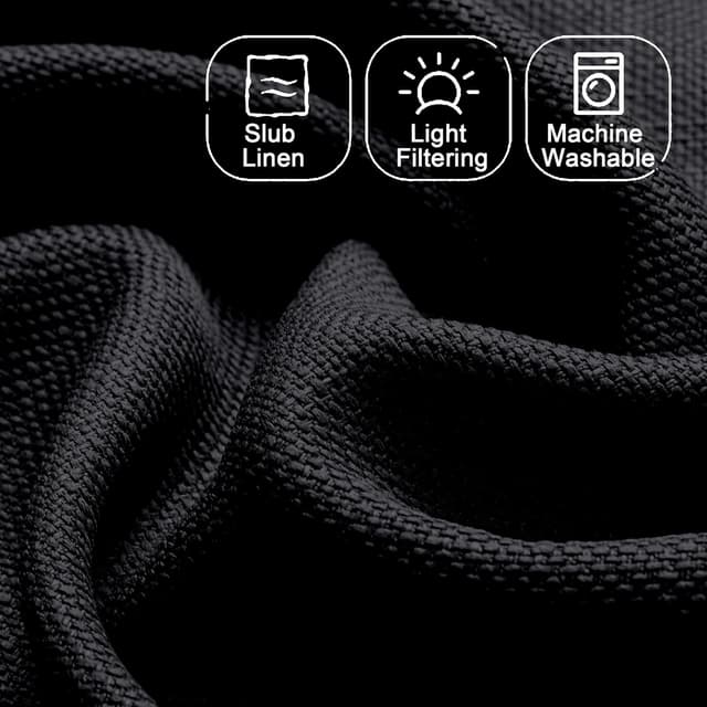 Detalle de Chyhomenyc Black Faux Linen Light Filtering Curtains, 84 Inches Long (2 Panels)