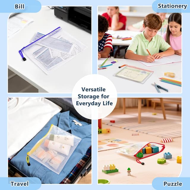 Detalle 2 de SUNEE A5 Plastic Wallets (12 Pack) with Mesh Zip Closure – Waterproof Document File Bags in 6 Colours