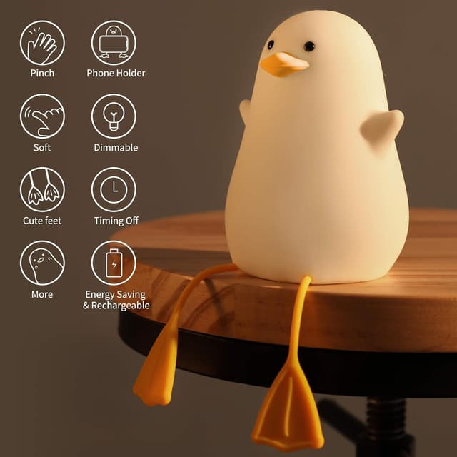 Detalle de YuanDian Cute Duck Night Light – BPA-free silicone tap control kids bedside lamp