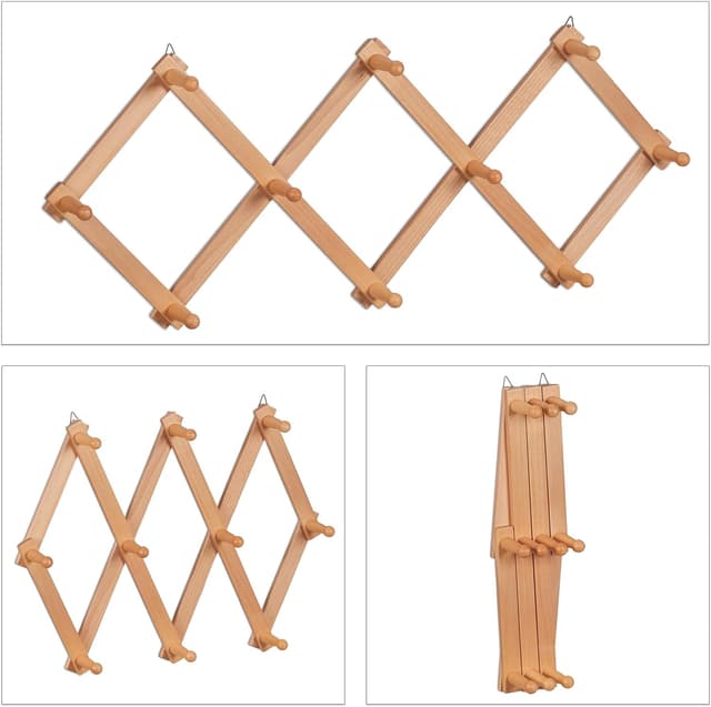 Detalle de Relaxdays Attaccapanni da parete allungabile con 10 ganci in legno naturale
