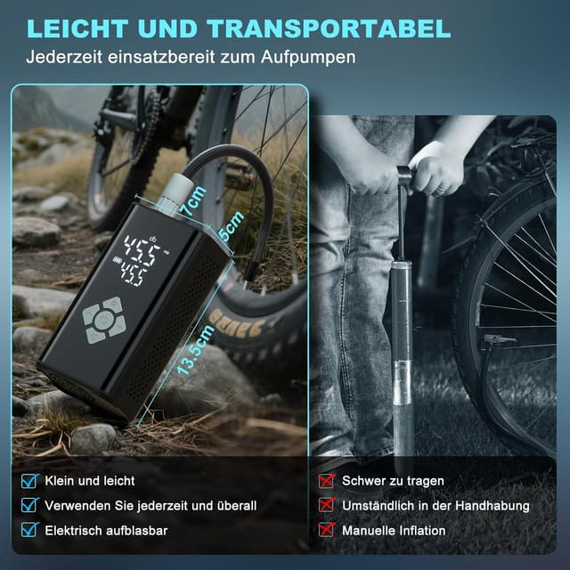 Detalle de TECHCYC Elektrische Luftpumpe Fahrradpumpe 150 PSI – Mini-Kompressor mit Auto-Stopp, LED-Licht & USB-C-Akkupower