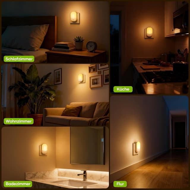 Detalle de Detake Nachtlicht mit Dämmerungssensor (2er-Set) für Steckdose – 5 Helligkeitsstufen, 3 Modi und warmweißes LED-Licht