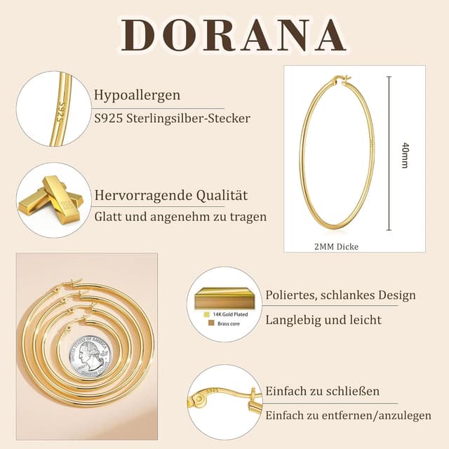 Detalle de DORANA 2 mm dünne große Creolen für Damen (Silber 925, hypoallergen, nicht anlaufend) in Größen 20–70 mm