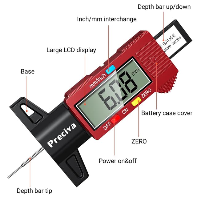 Detalle 2 de Preciva Burgundy Digital Tyre Tread Depth Gauge (0–25.4mm / 1 inch) with Large LCD