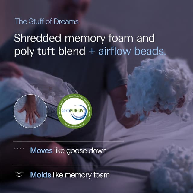 Detalle de DreamyBlue Gusseted Sapphire Pillow (King) — Adjustable Loft Shredded Memory Foam with Airflow Beads