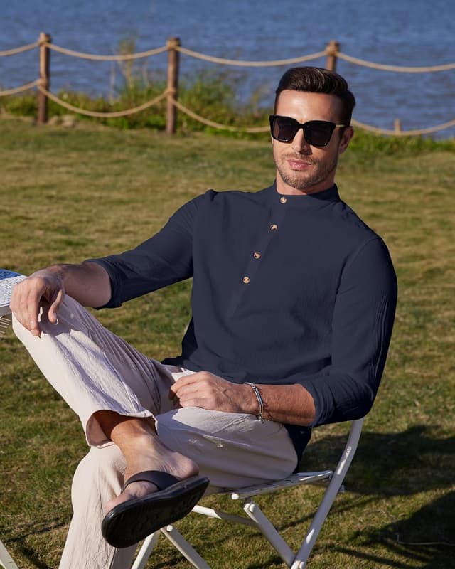 Detalle de YAOBAOLE chemise lin coton homme à manches longues Henley – style décontracté pour l’été