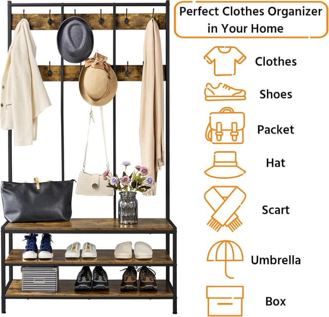 Thumbnail 4 de Yaheetech Stand appendiabiti con panca e scarpiera 12 ganci